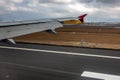 Istanbul, Turkey Ã¢â¬â November 2020. the wing of an airplane when landing at an international airport Royalty Free Stock Photo