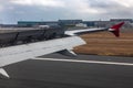 Istanbul, Turkey Ã¢â¬â November 2020. the wing of an airplane when landing at an international airport Royalty Free Stock Photo