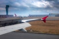 Istanbul, Turkey Ã¢â¬â November 2020. the wing of an airplane when landing at an international airport Royalty Free Stock Photo