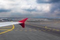 Istanbul, Turkey Ã¢â¬â November 2020. the wing of an airplane when landing at an international airport Royalty Free Stock Photo