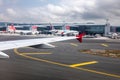 Istanbul, Turkey Ã¢â¬â November 2020. the wing of an airplane when landing at an international airport Royalty Free Stock Photo