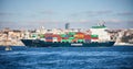 ISTANBUL / TURKEY - OCTOBER 13, 2019: Cargo tanker in the Bosphorus. The strait connects the Black and Marmara seas