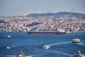 ISTANBUL / TURKEY - OCTOBER 14, 2019: Cargo tanker in the Bosphorus. The strait connects the Black and Marmara seas