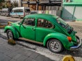 Green vintage car Volkswagen Beetle VW 1303 parked on the street of Istanbul. Old german Royalty Free Stock Photo