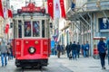 ISTANBUL, TURKEY - OCTOBER 26, 2014: Historical red old city tram along Istiklal Caddesi street Royalty Free Stock Photo