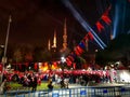 Minarets of the Blue Mosque in Istanbul are lit by festive lights on Republic Day in Turkey