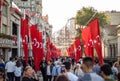 Taksim Istiklal Street is decorated with Turkish Flags. Turkish Republic Day celebration.