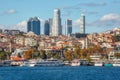 Istanbul, Turkey - October 9th, 2019: View to the shore of Bosforus strait on an early autumn day. Residential buildings and