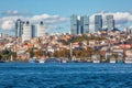 Istanbul, Turkey - October 9th, 2019: View to the shore of Bosforus strait on an early autumn day. Residential buildings and