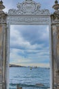 Istanbul, Turkey- October 6, 2021: View of the Bosphorus from the eastern gate of the Dolmabahce Palace. Royalty Free Stock Photo