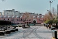 Public park in istanbul behind the Yenicami mosque and its wall made of red bricks Royalty Free Stock Photo