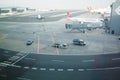 Istanbul, Turkey 01.01.24: Runway. The territory of the international airport IST Havalimani. Cars, trucks, cars are Royalty Free Stock Photo