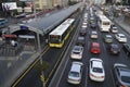 ISTANBUL, TURKEY - Sep 09, 2016: Metrobus station and passengers at Mecidiyekoy and traffic