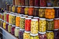 Istanbul, Turkey - September 03, 2019: Canned fruits and vegetables in glass jars in a shop window in Istanbul. Fermentation of