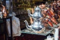 Istanbul, Turkey - September 03, 2019: Eastern market of copper and brass dishes. Handicrafts and souvenirs