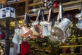 Istanbul, Turkey - September 03, 2019: Eastern market of copper and brass dishes. Handicrafts and souvenirs. Traditional Turkish