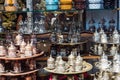 Istanbul, Turkey - September 03, 2019: Eastern market of copper and brass dishes. Handicrafts and souvenirs. Traditional Turkish