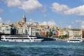 Istanbul, Turkey - September-11.2019: Ferry passing under the Galata Bridge. Opposite the Karakoy beach and above are Royalty Free Stock Photo