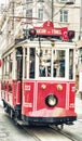 ISTANBUL, TURKEY - SEPTEMBER 21, 2014: The old tram and people walking in Istiklal Caddesi on September 21, 2014 on Istanbul, Royalty Free Stock Photo