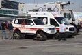 Istanbul, Turkey - September-18,2019: Snow ambulance vehicle on display. Ambulance vehicle next to the city