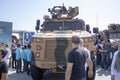 Istanbul, Turkey - September-18,2019: Turkish ground forces remote controlled vehicle gun. Sharp name is given. Bright sky in the