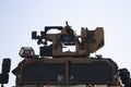 Istanbul, Turkey - September-18,2019: Turkish ground forces remote controlled vehicle gun. Sharp name is given. Bright sky in the