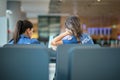 Two Turkish female police officers chatting at new Istanbul Airport