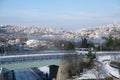 A snowy view of Istanbul with the Golden Horn and Halic Congress Center Royalty Free Stock Photo