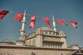 Taksim square covered by many Turkish flag and taksim mosque almost finished. Ataturk Royalty Free Stock Photo