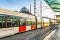 Istanbul, Turkey, 05/23/2019: Tram in a large eastern city at sunset