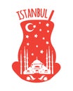 Istanbul, Turkey. Travel illustration of famous turkish symbol the Sultan Ahmet Blue Mosque, crescent moon, night sky with stars.