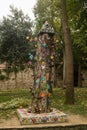 ISTANBUL, TURKEY: Unusual monument tree decorated with leaves and castle. Gulhane Park in the old city of Istanbul