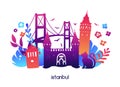 Istanbul, Turkey. Vector illustration with symbols of turkish city: Galata tower, Topkapi palace gate, Bosphorus bridge. Royalty Free Stock Photo