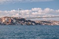 Istanbul, Turkey. View of the Fatih Sultan Mehmet Bridge and residental buildings sailing Bosporus. Royalty Free Stock Photo