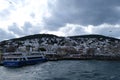 View of Heybeliada Halki from the sea on a snowy day