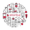 Istanbul. Vector illustration of famous turkish symbols and landmarks in circle frame.