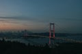 Istanbul view. Bosphorus Bridge at dusk. Noise included.