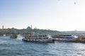 Istanbul view. Ferries and Suleymaniye Mosque at sunset.