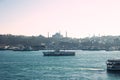 Istanbul view. Ferry and Hagia Sophia in Istanbul. Travel to Turkey background