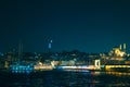 Istanbul view with Galata Bridge and Suleymaniye Mosque and crescent moon Royalty Free Stock Photo