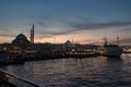 Istanbul view at sunset. Ferry and famous mosques in Istanbul