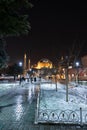 Istanbul winter view. Hagia Sophia and snow covered park in Sultanahmet