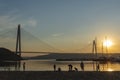 istanbul yavuz sultan selim bridge taken from the beach towards sunset people dogs Royalty Free Stock Photo