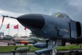 Istanbul, Yesilkoy - Turkey - 04.20.2023: F-4 Phantom Fighter Jet Plane, Supersonic jet Fighter and Bomber. Dark Clouds Background