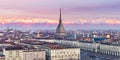 Italia: Torino skyline Turin, Italy, cityscape at sunrise with details of the Mole Antonelliana towering over the city. Scenic Royalty Free Stock Photo