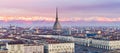 Italia: Torino skyline Turin, Italy, cityscape at sunrise with details of the Mole Antonelliana towering over the city. Scenic Royalty Free Stock Photo