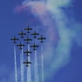 Italian aerobatic team Frecce Tricolori Tricolor arrows performs the show with Aermacchi MB-339 aircrafts at Bari ITALY Royalty Free Stock Photo