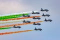 Italian Air Force aerobatic demonstration team Frecce Tricolori in their Aermacchi MB339 jet aircraft performing at the Kleine- Royalty Free Stock Photo