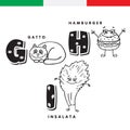 Italian alphabet. Cat, hamburger, lettuce. Vector letters and characters.