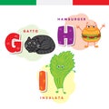 Italian alphabet. Cat, hamburger, lettuce. Vector letters and characters. Royalty Free Stock Photo